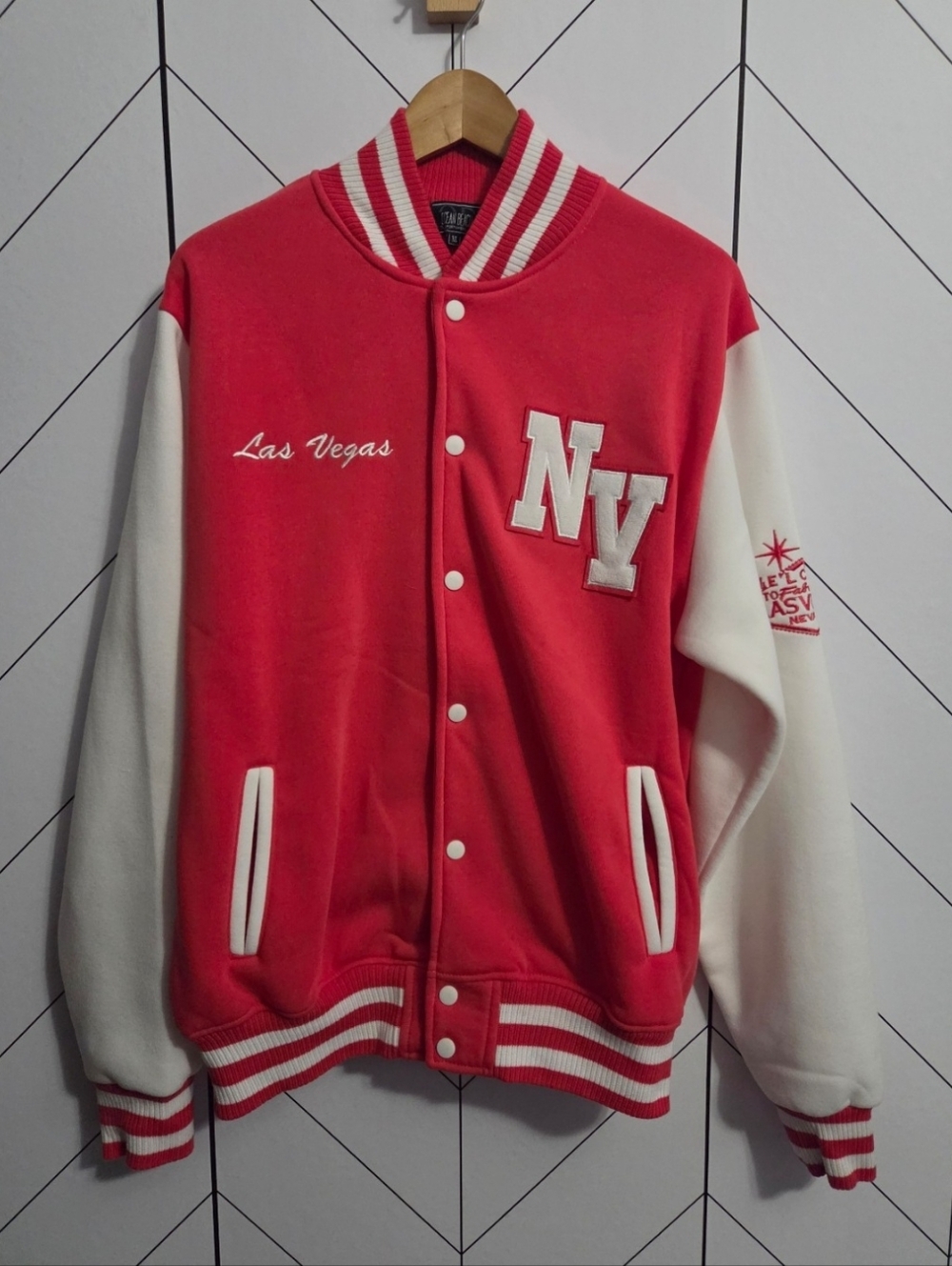 NWOT Las Vegas Varsity Style Jacket, Size XL, Coral and White